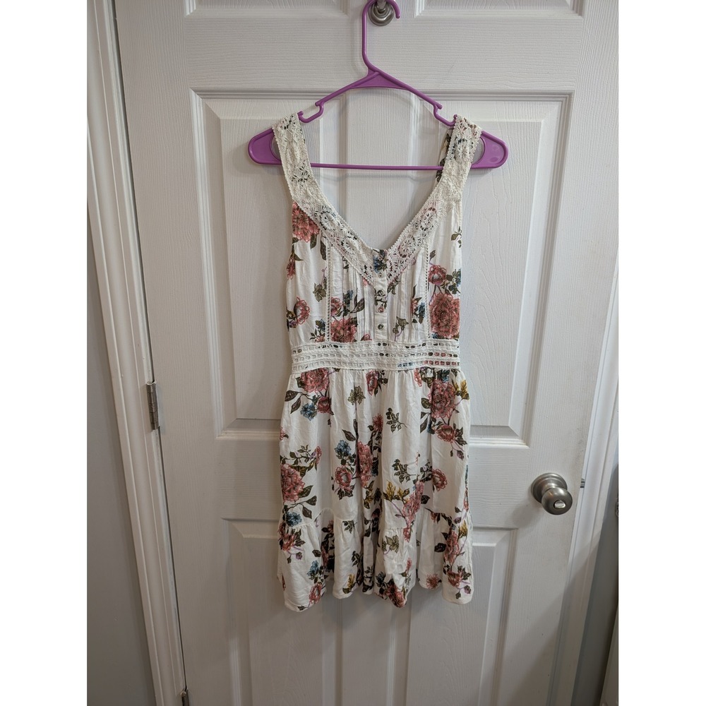 American Rag Floral Dress Women White Boho Crochet Lace Trim‎ Lined - Size XS